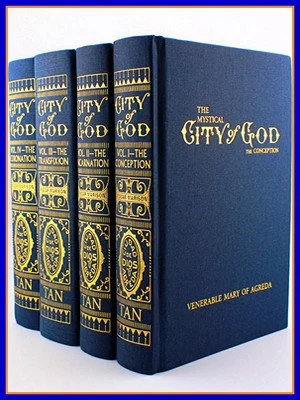 Four hardcover books titled "The Mystical City of God" by Venerable Mary of Egypt, with navy blue covers and gold lettering, standing upright, showing their spines and front cover.