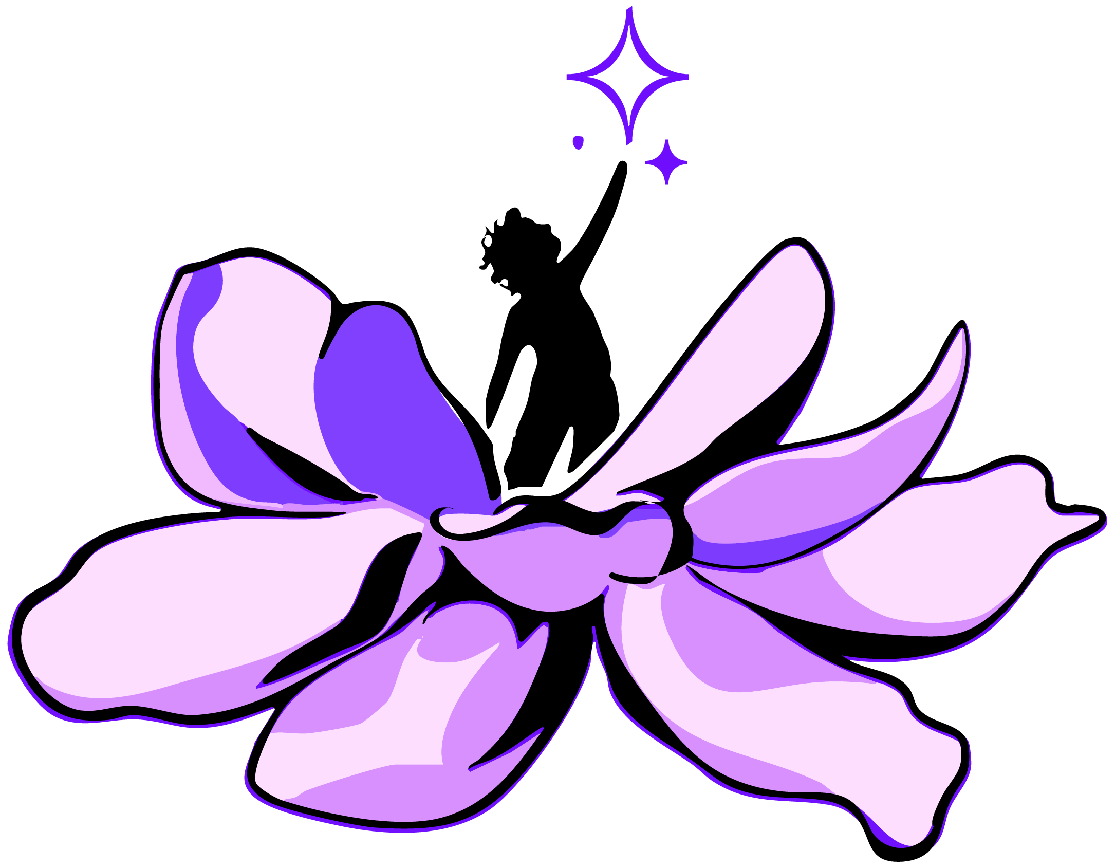 A digital illustration of a daisy flower in shades of purple with black outlines, featuring multiple petals and a central part, against a transparent background.