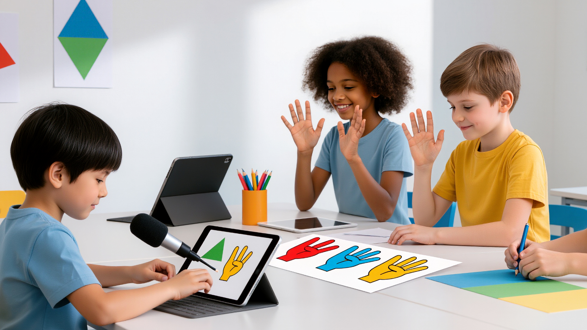Children participating in a virtual classroom activity involving hand gestures and colors, with educational materials and tablets on the table.