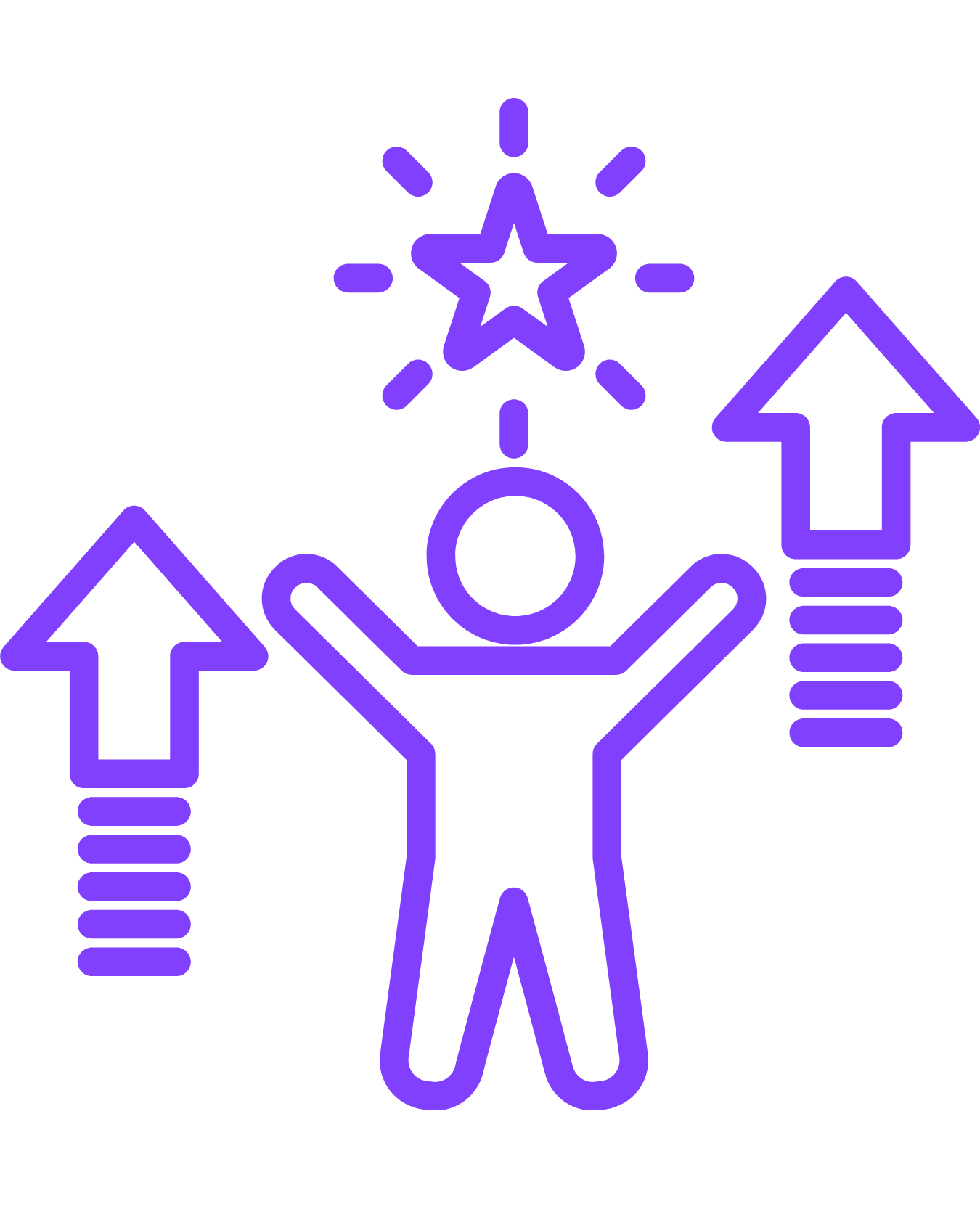 A stylized purple line drawing of a person with arms raised, surrounded by three upward-pointing arrows and a star symbol above their head.