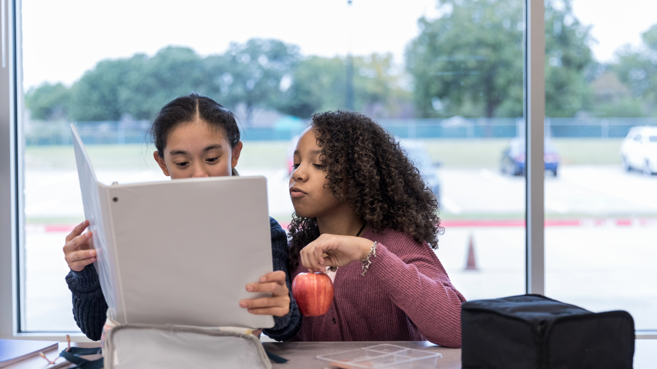 Two young girls are looking at a tablet together inside a room, with a window in the background showing a parking lot and trees. One girl has curly hair and is wearing a pink sweater, the other has straight hair tied back and is wearing a dark sweater. There is an apple on the table in front of them.