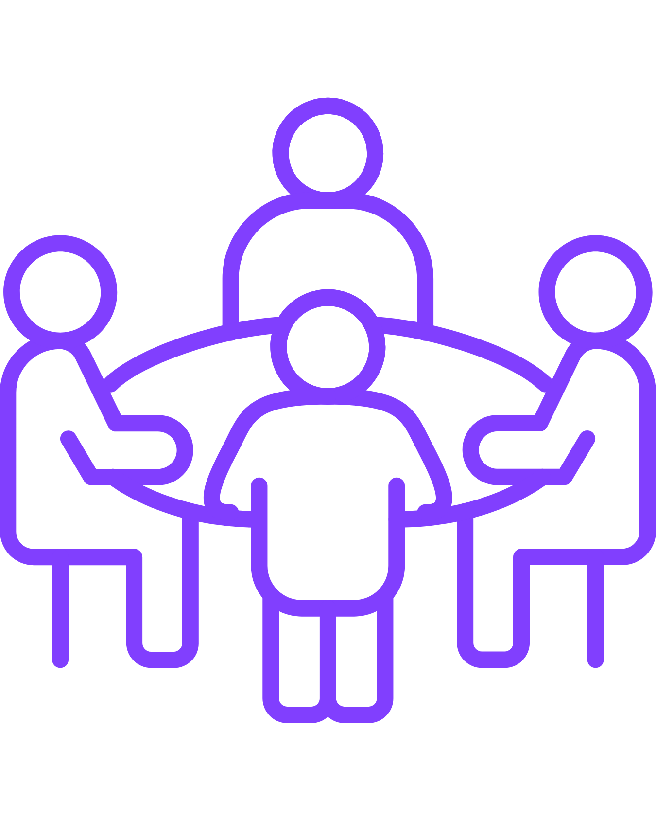 Outline of five people sitting around a round table, engaging in discussion or meeting.