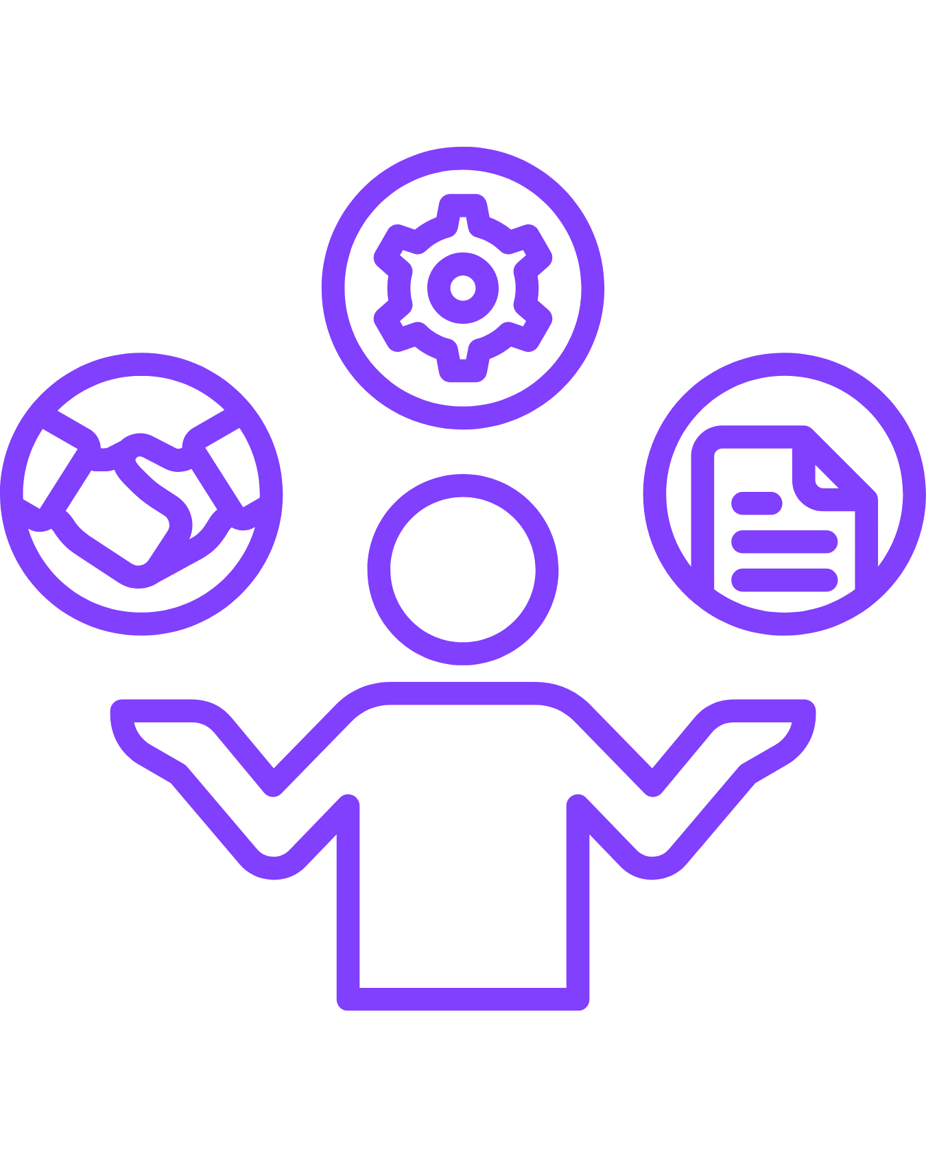 Outline of a person with arms raised, holding icons representing a globe, a gear, and a document in each hand, and a gear icon floating above their head, all in purple.