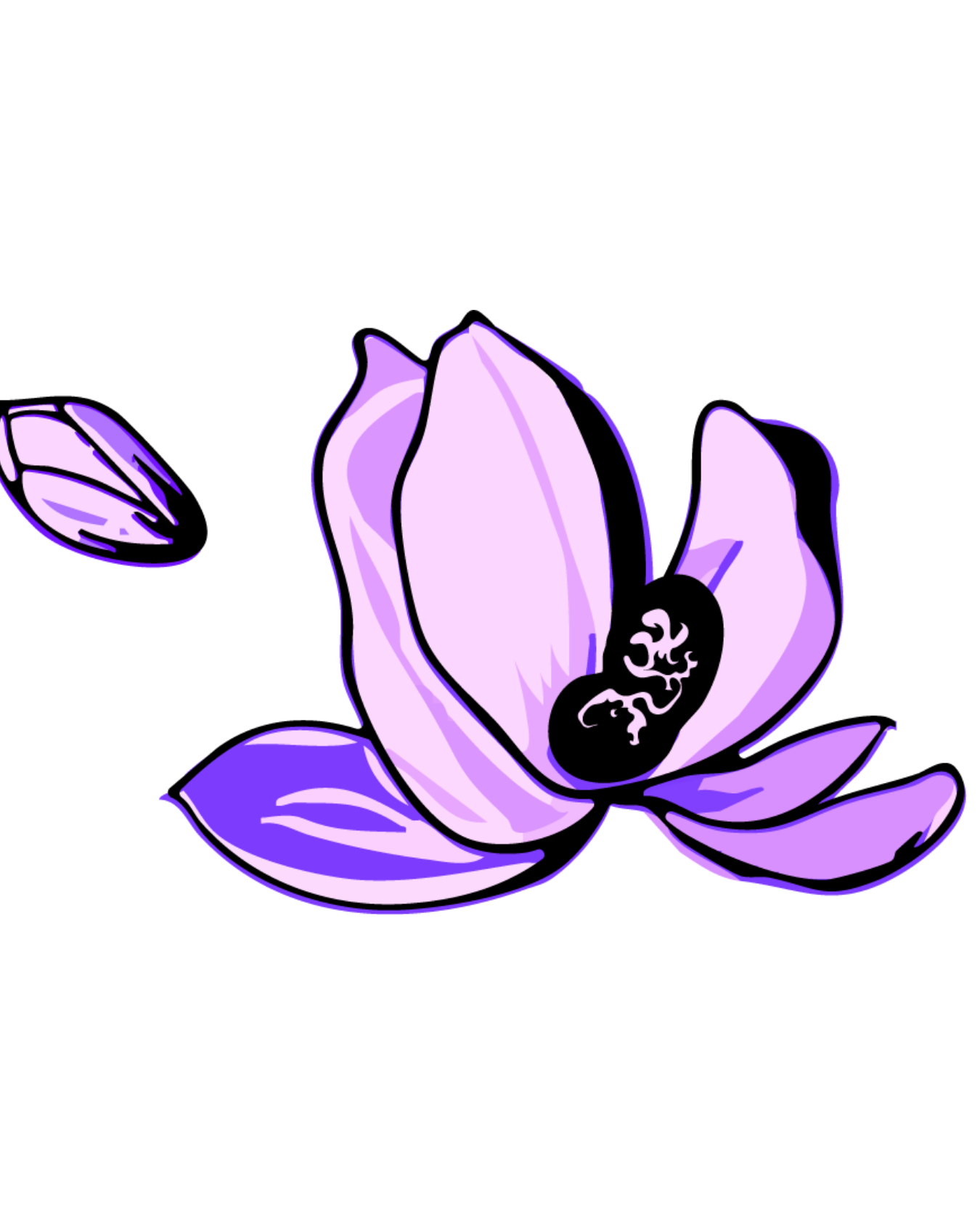 A digital illustration of a purple and lavender flower with a black center, partially opened petals, and a couple of smaller unopened buds nearby.
