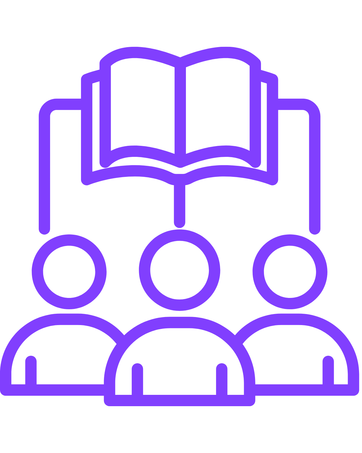 Outline of three people with a book above them in purple.