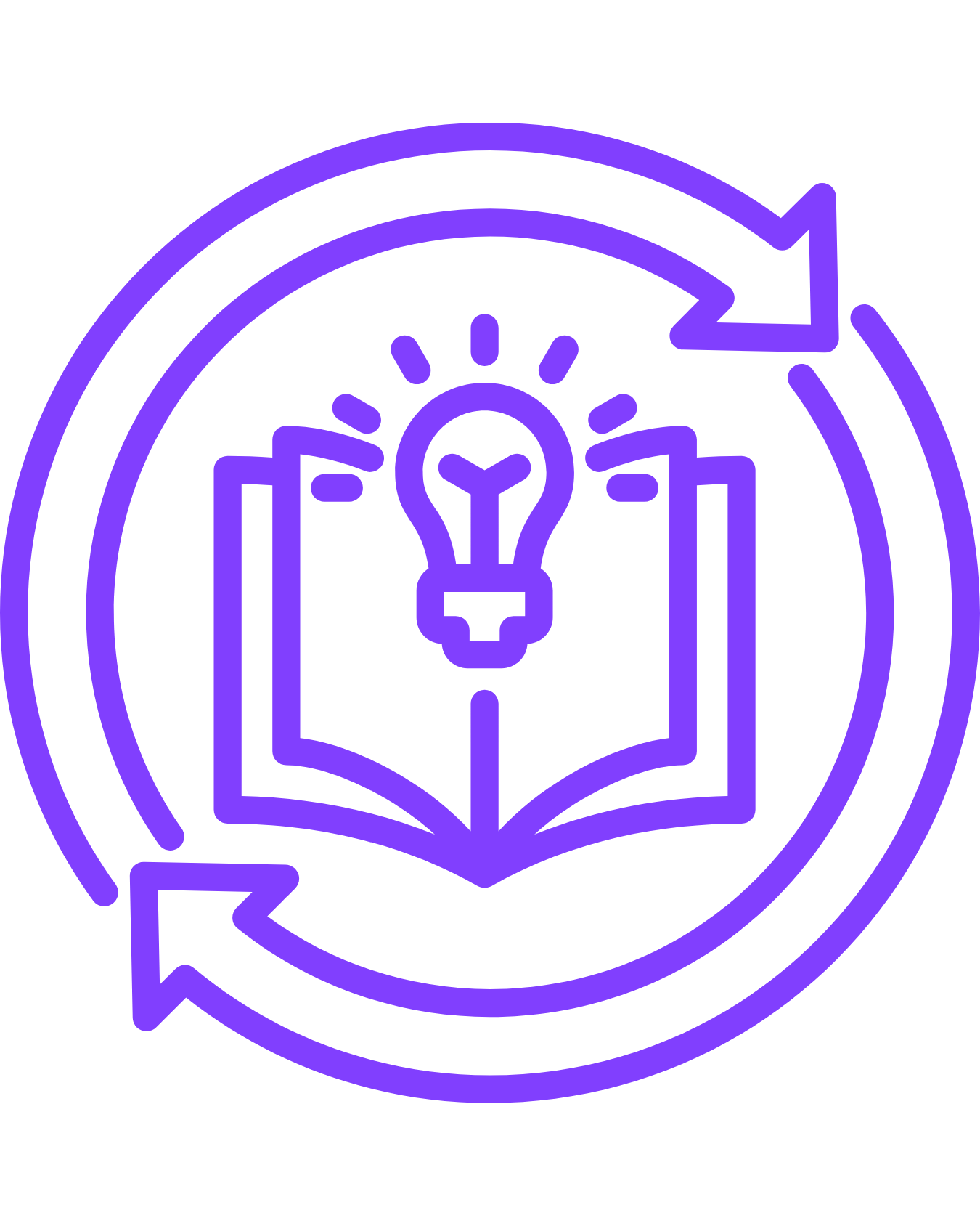 A purple line drawing of a book with a light bulb on its page, surrounded by arrows, representing ideas or knowledge cycles.