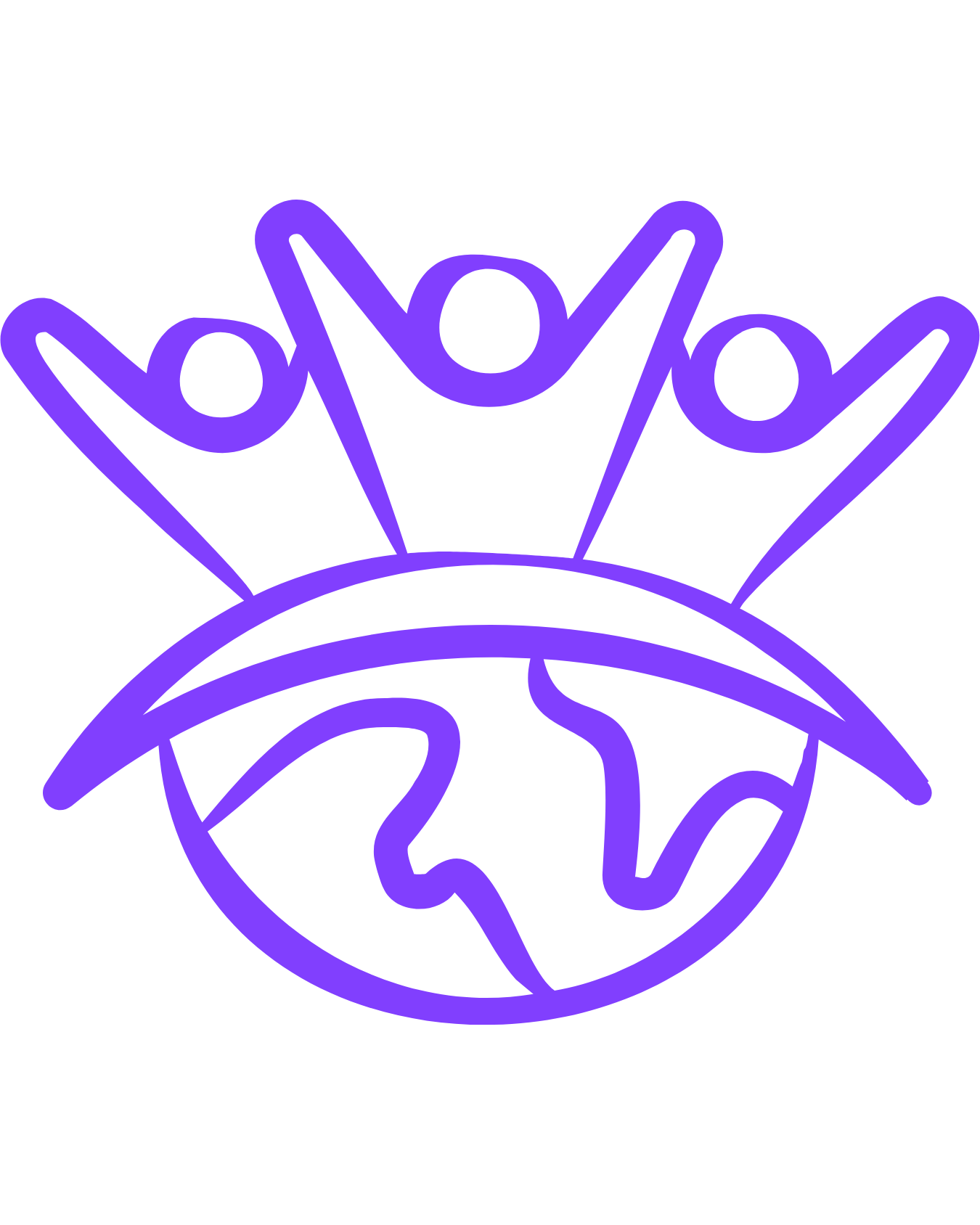 Neon sign in purple outlining a hand making the rock and roll gesture, with a globe below it.