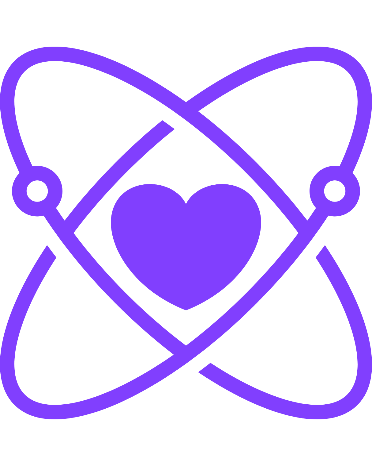 Neon purple outline of an atom with a heart shape in the center.