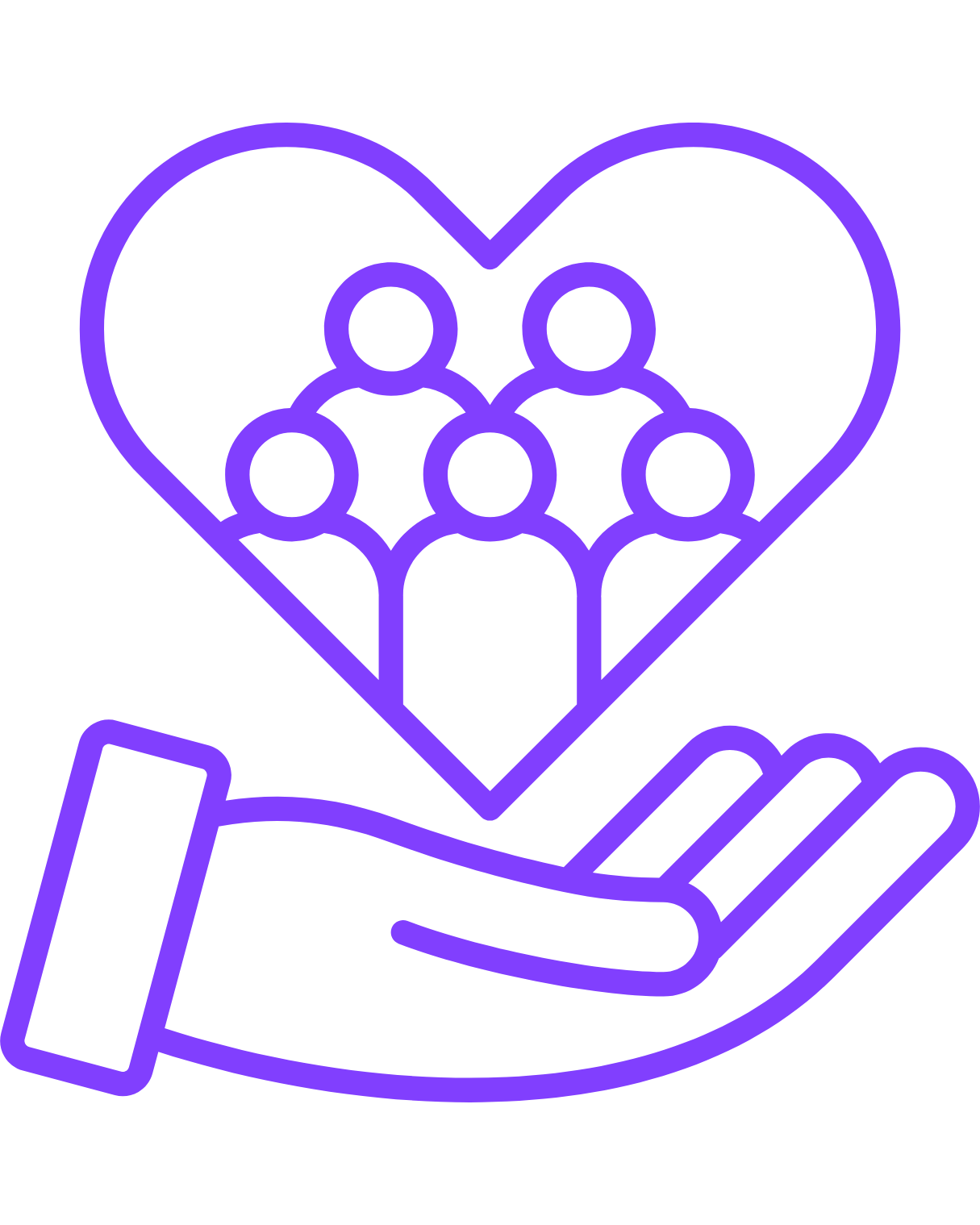 A neon purple illustration of a hand holding a heart-shaped outline with people inside.