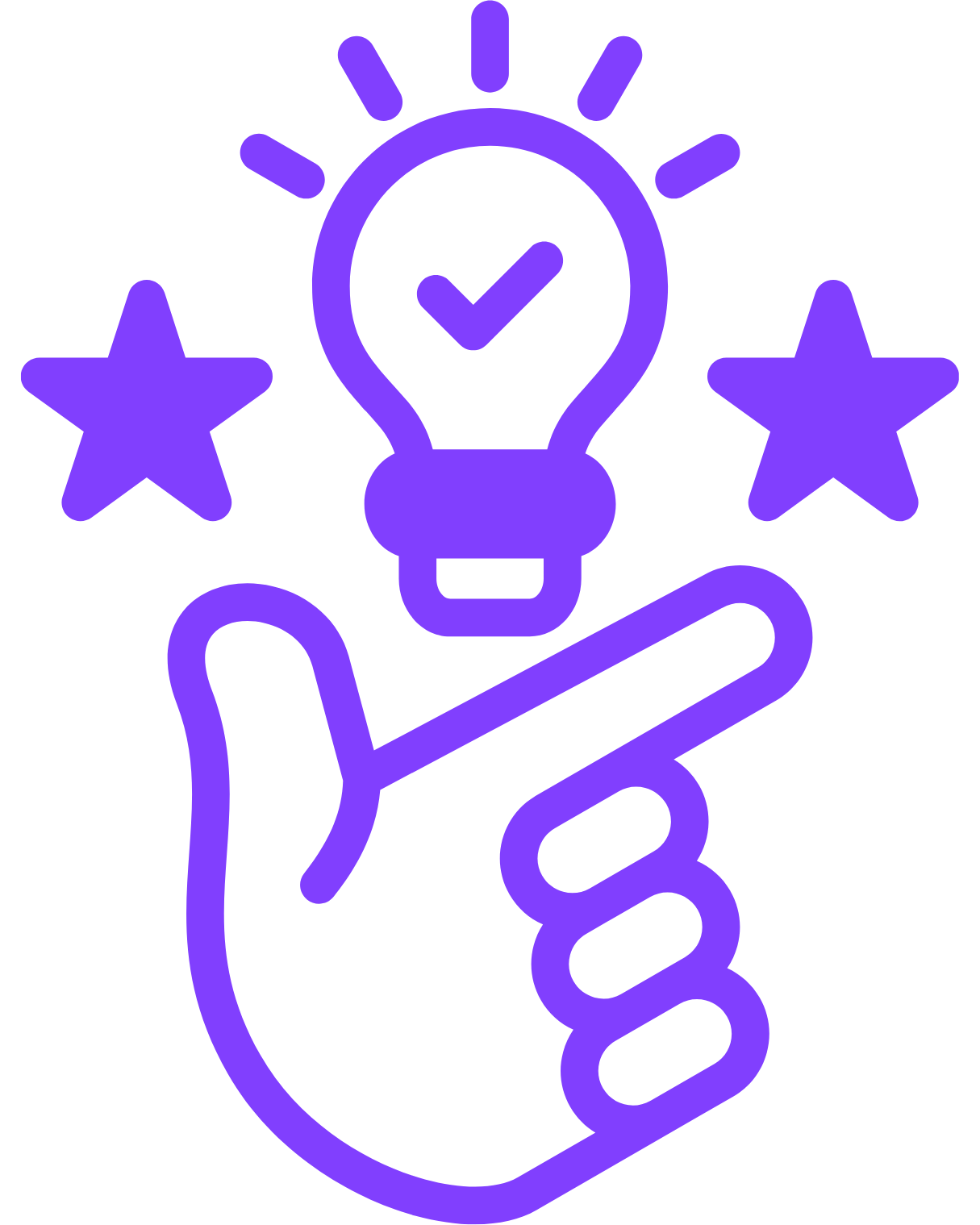 Purple line drawing of a hand pointing to a light bulb with a checkmark inside, surrounded by two stars.