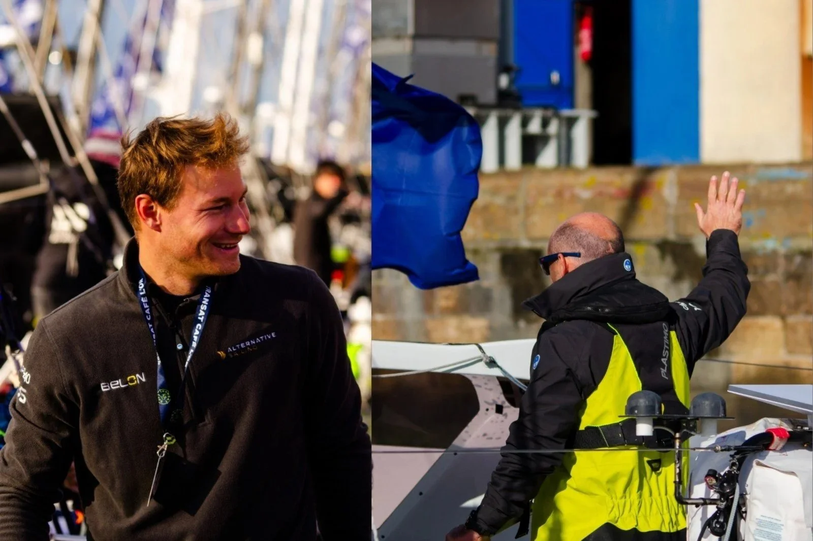 Deux hommes en vêtements de sport en interaction, l'un souriant et l'autre saluant, avec des vélos et un environnement urbain en arrière-plan.