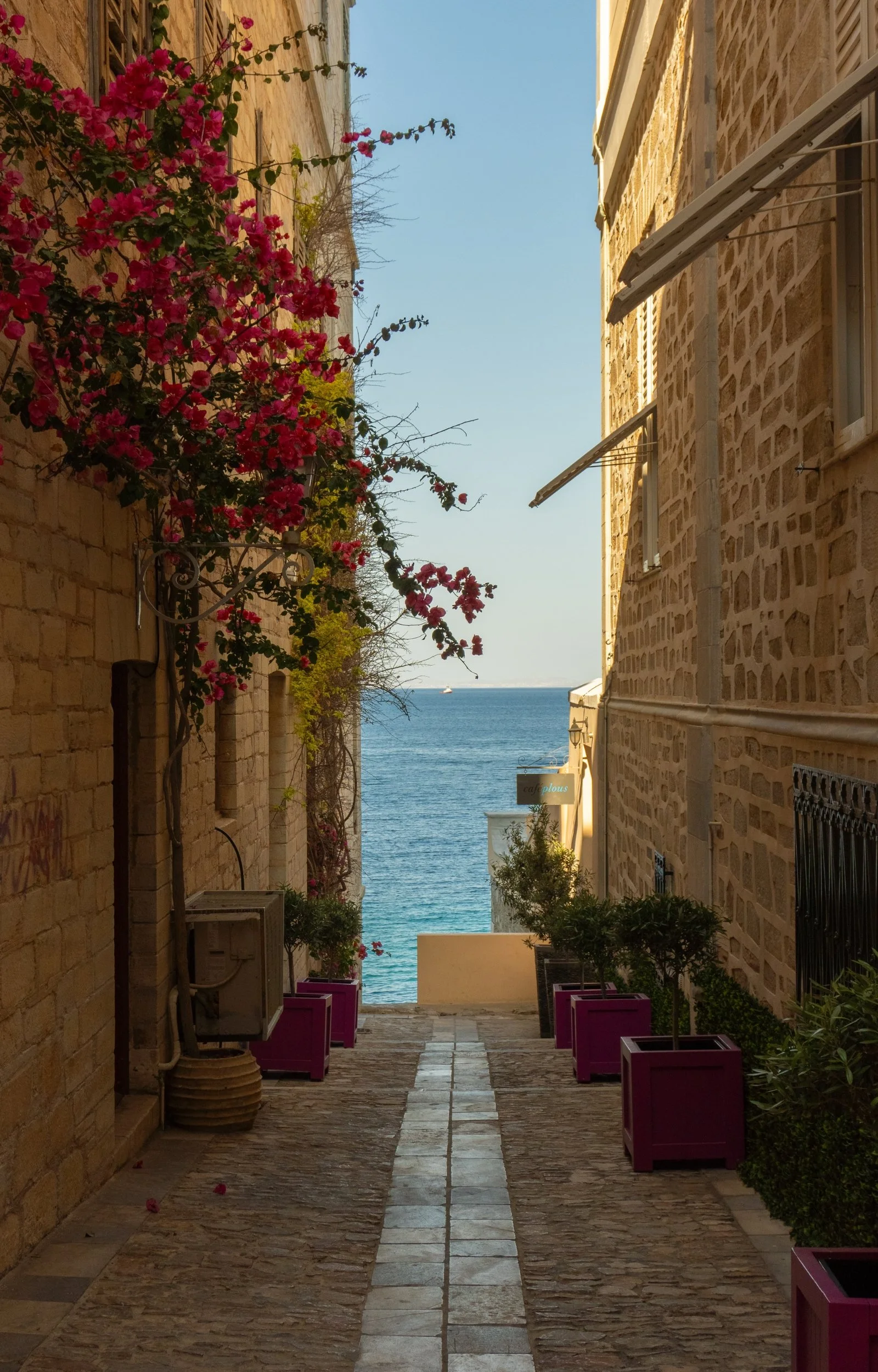 Une ruelle pavée entre deux bâtiments en pierre, avec des plantes fleuries en pots violets, menant à une vue sur la mer et un bateau à l'horizon, par un temps ensoleillé.