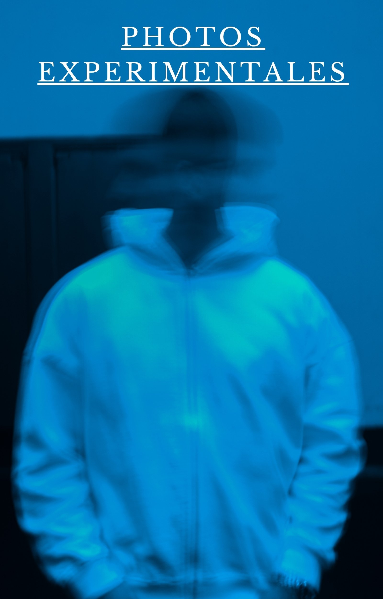 Une personne vêtue d'une sweat-shirt blanc, dont le visage et les détails sont flous, en arrière-plan, avec un message en blanc sur un fond bleu qui dit "Photos Expérimentales".