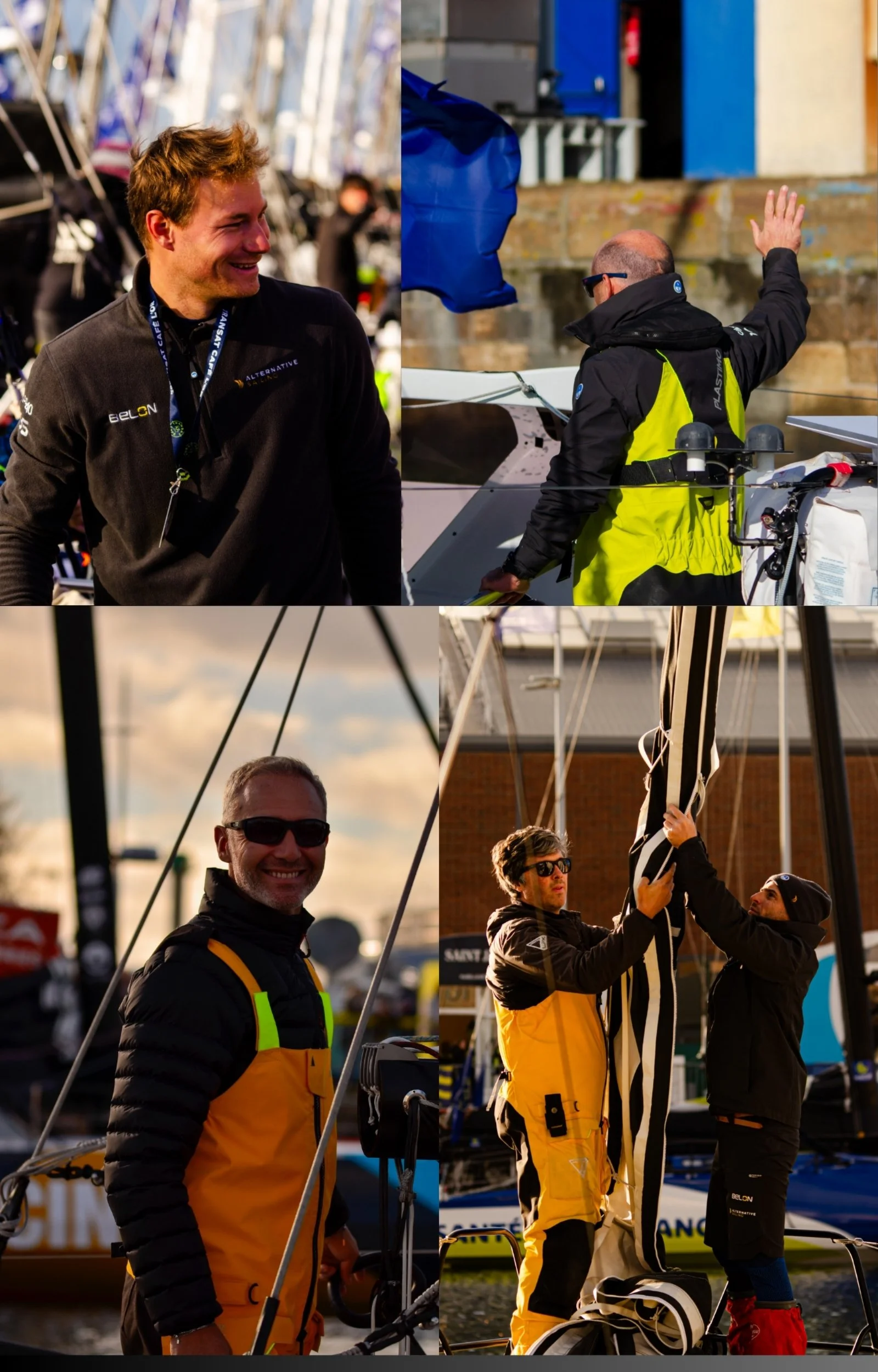Groupe de personnes en tenue de voile dans un port, préparant et manipulant des voiliers, avec le ciel au crépuscule.