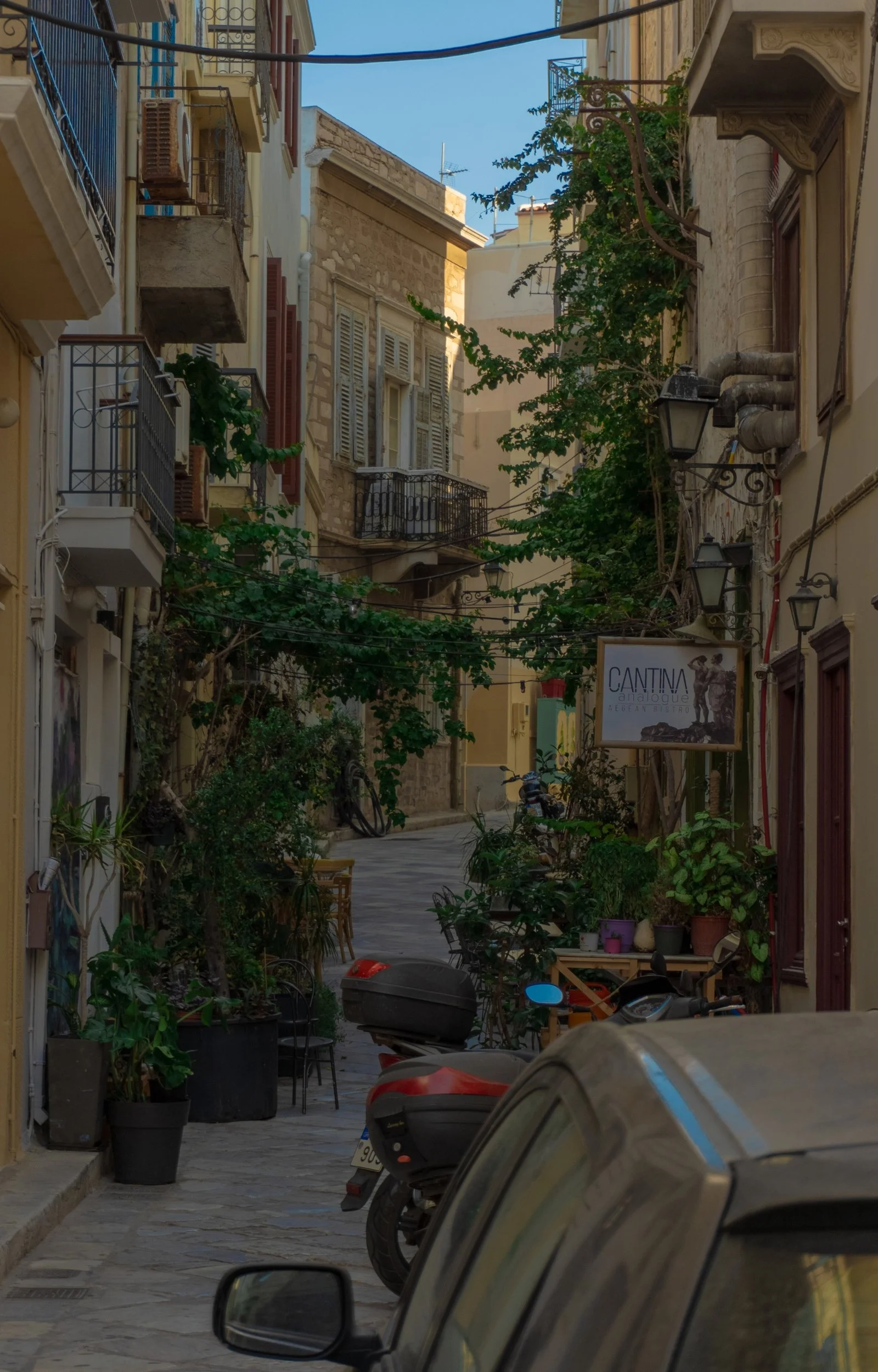 Ruelle étroite avec des bâtiments anciens, balcons en fer forgé, plantes en pot et voitures stationnées.
