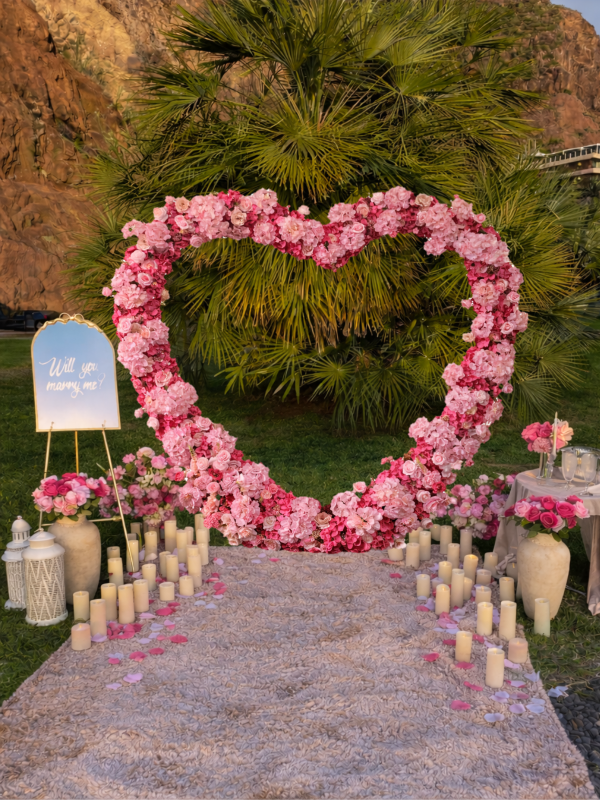heart shape flower arch proposal setup madeira