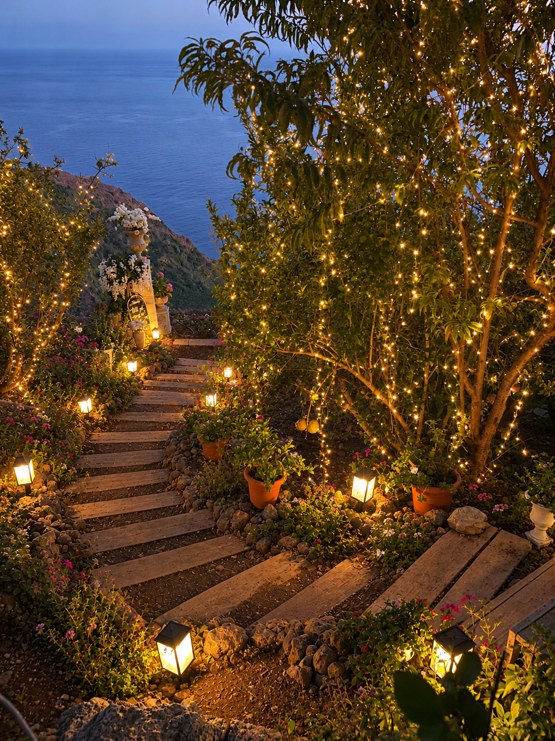 romantic fairy lights in the trees of the cliffside orchard in madeira
