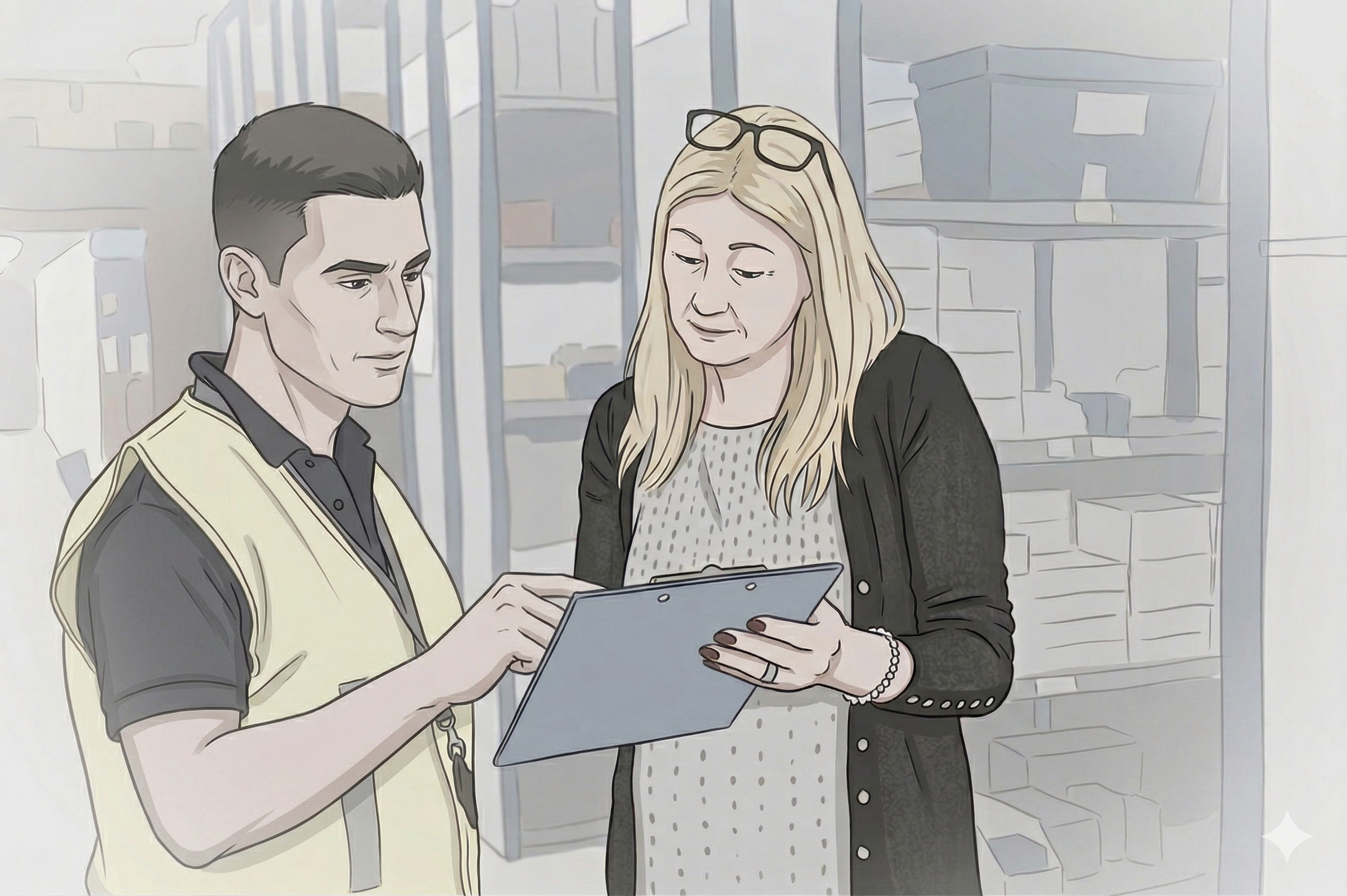 A man and a woman are standing in a warehouse, looking at a tablet together. The man is wearing a yellow vest over a black shirt, and the woman has blonde hair, glasses on her head, and is dressed in a polka dot blouse with a black cardigan.