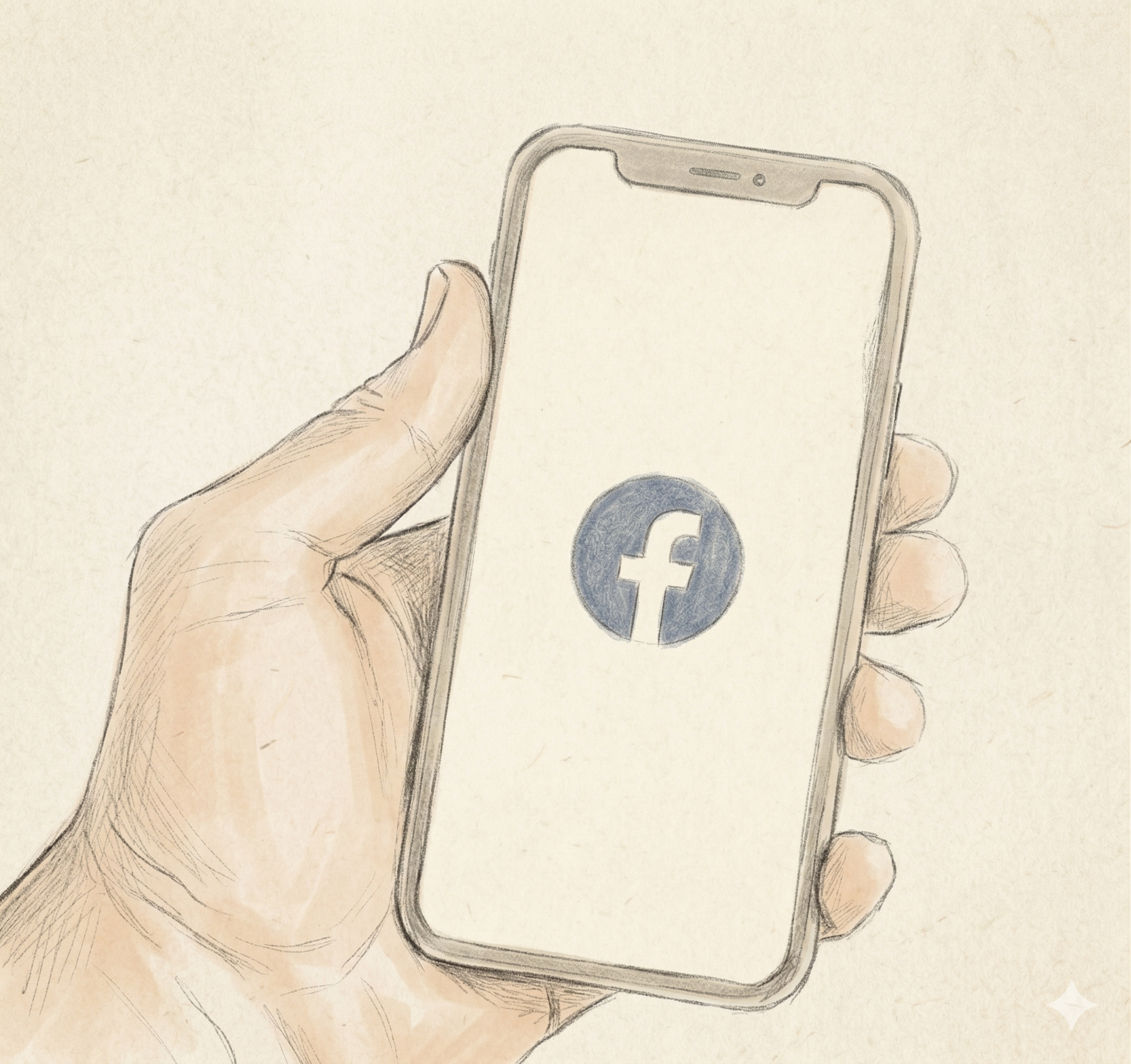 Hand holding a smartphone displaying the Facebook logo on the screen.