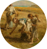 Children playing on a dirt path near a stone structure in a rural setting.