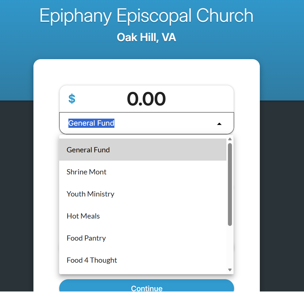 Screenshot of a donation webpage for Epiphany Episcopal Church in Oak Hill, VA, displaying a dropdown menu with various fund options.