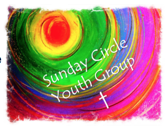Abstract rainbow-colored background with a large yellow and red sun at the top, featuring swirling brushstrokes in green, pink, purple, and blue. Text reads 'Sunday Circle Youth Group' with a small white cross below.
