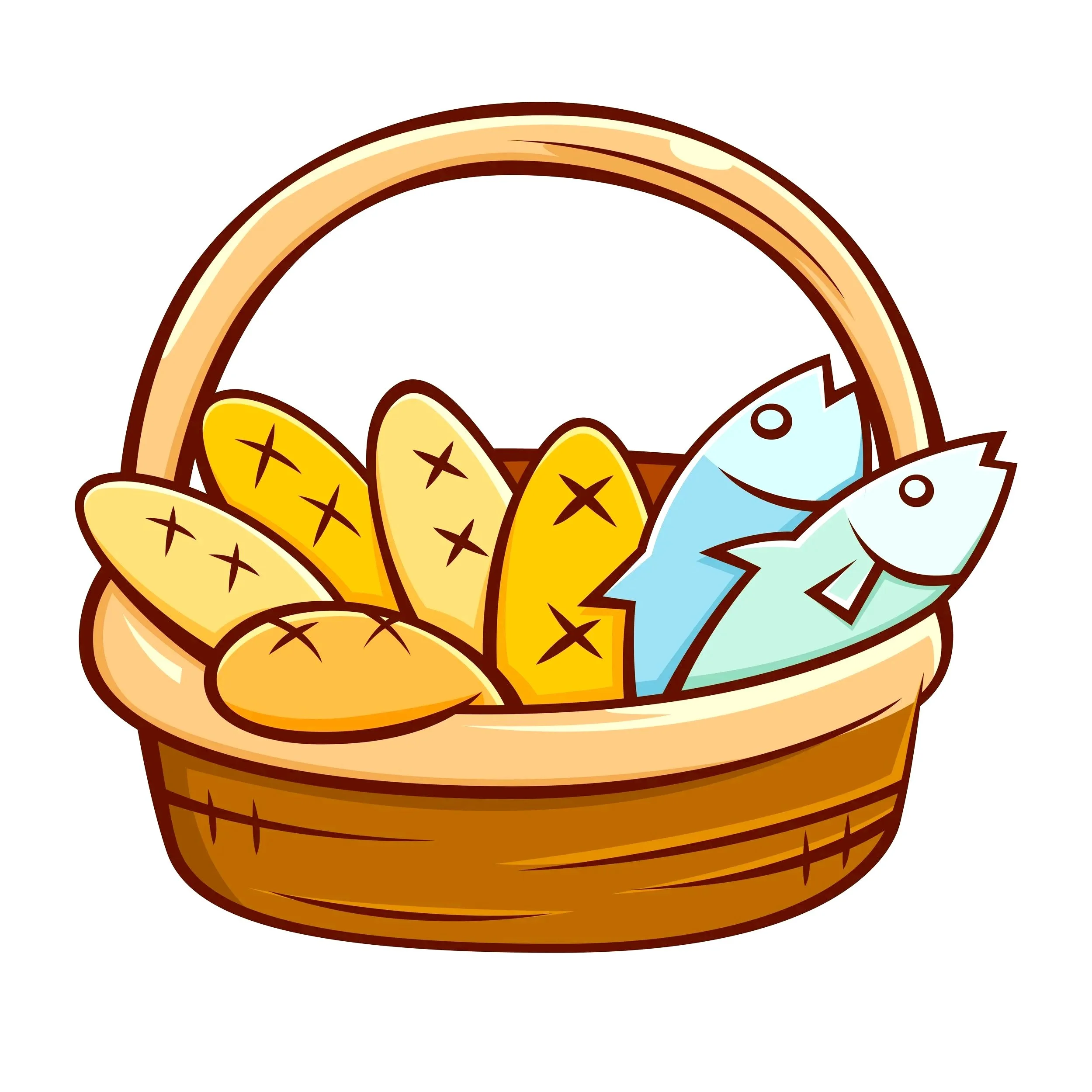A cartoon-style basket filled with yellow bananas, some with brown spots, and a handful of colorful, decorated eggs.