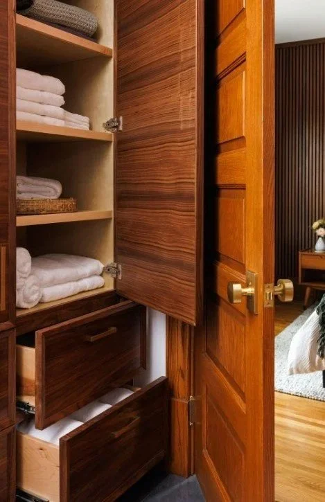 Open closet with shelves filled with folded towels and drawers inside a wooden room.