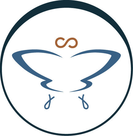A logo featuring a butterfly with stylized wings and an infinity symbol above it, all enclosed in a circle.