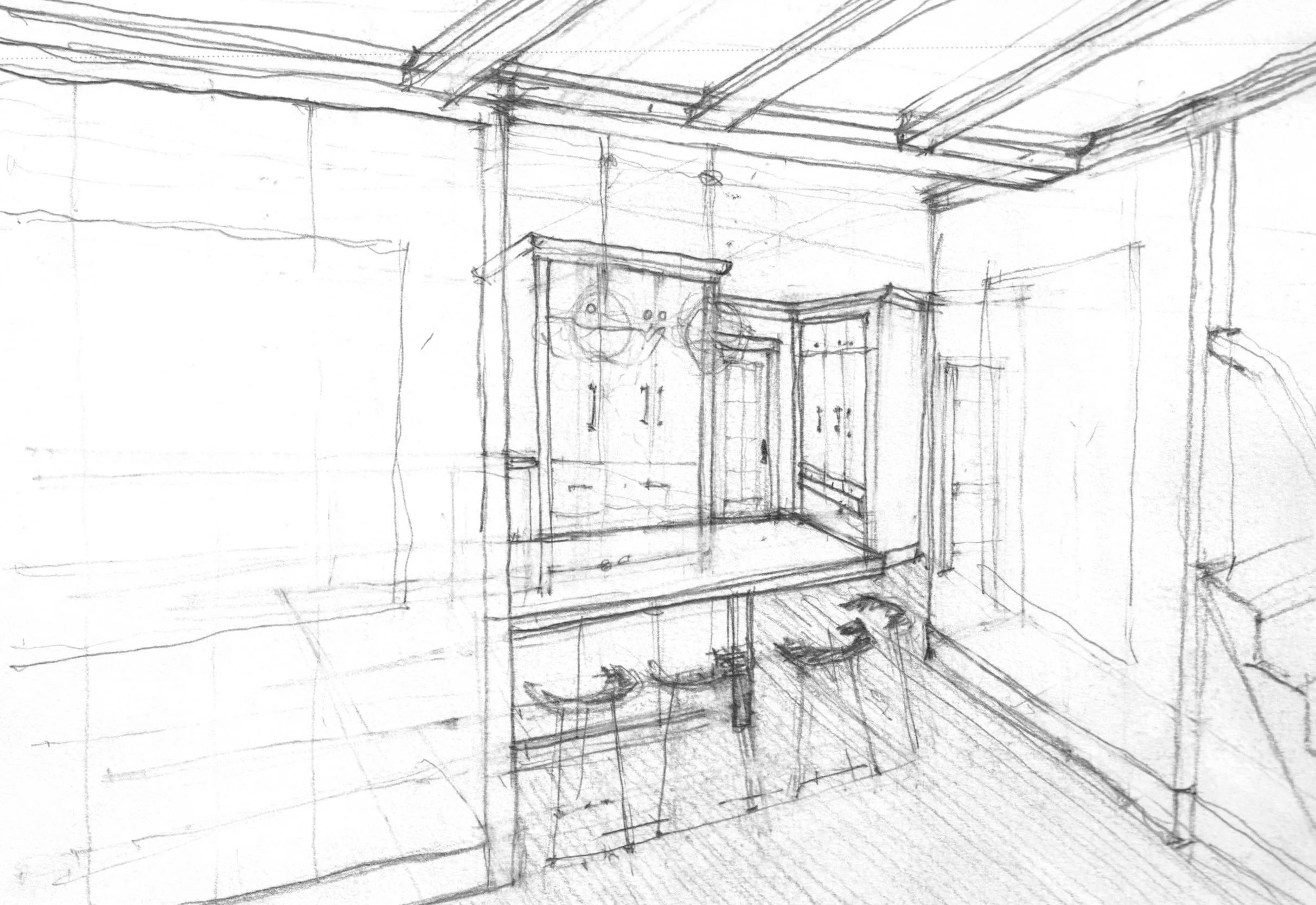 Sketch of an interior kitchen design with cabinets, a countertop, and ceiling beams.