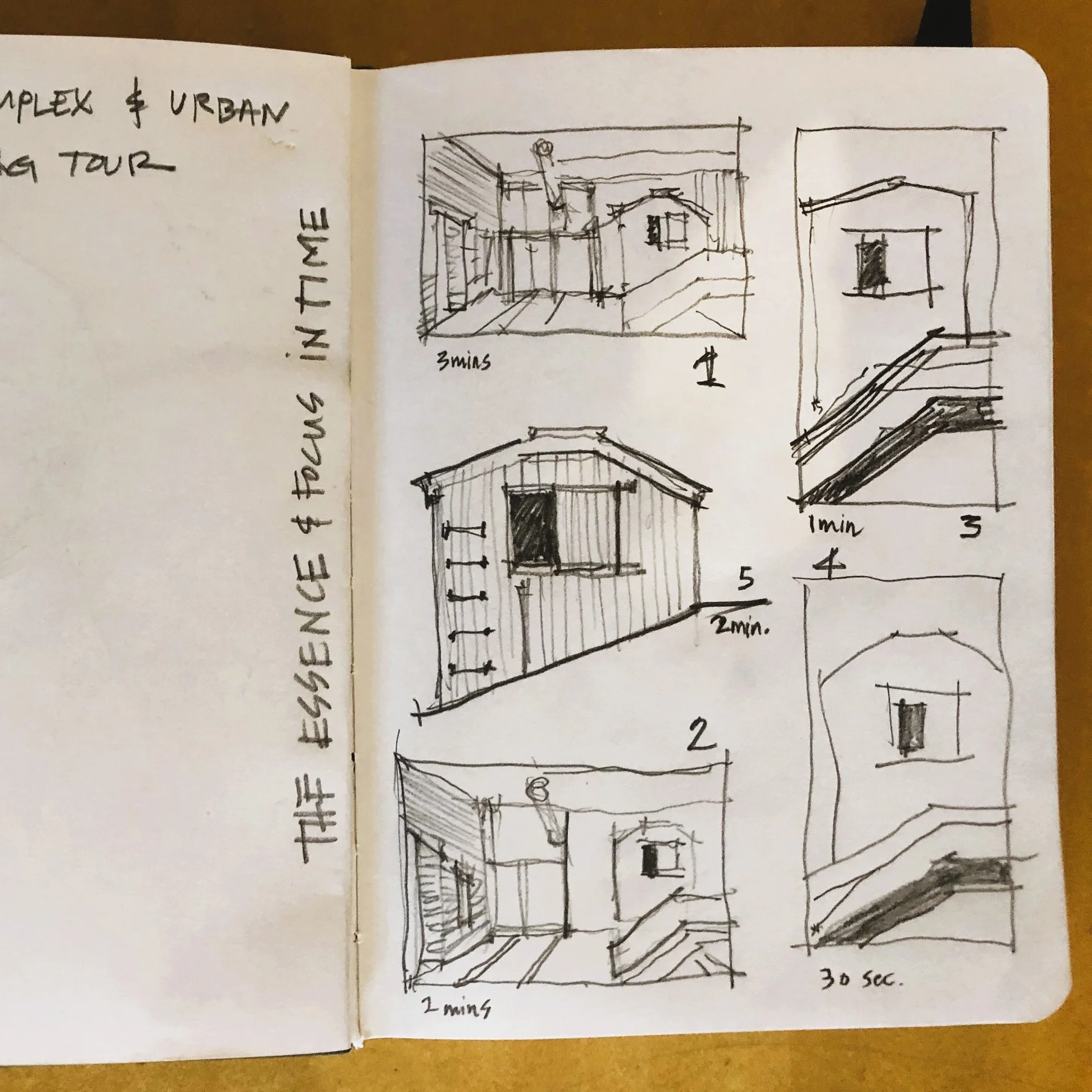 Hand-drawn architectural sketches of a simple building and a staircase, with notes indicating measurements and time intervals.