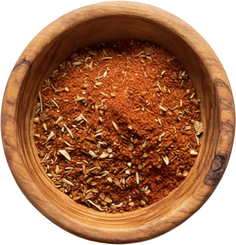 A wooden bowl filled with red chili powder and dried herbs or seeds.