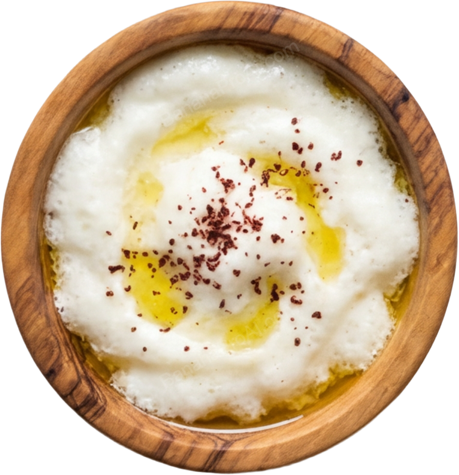 A bowl of Greek yogurt topped with olive oil and red pepper flakes, served in a wooden bowl.