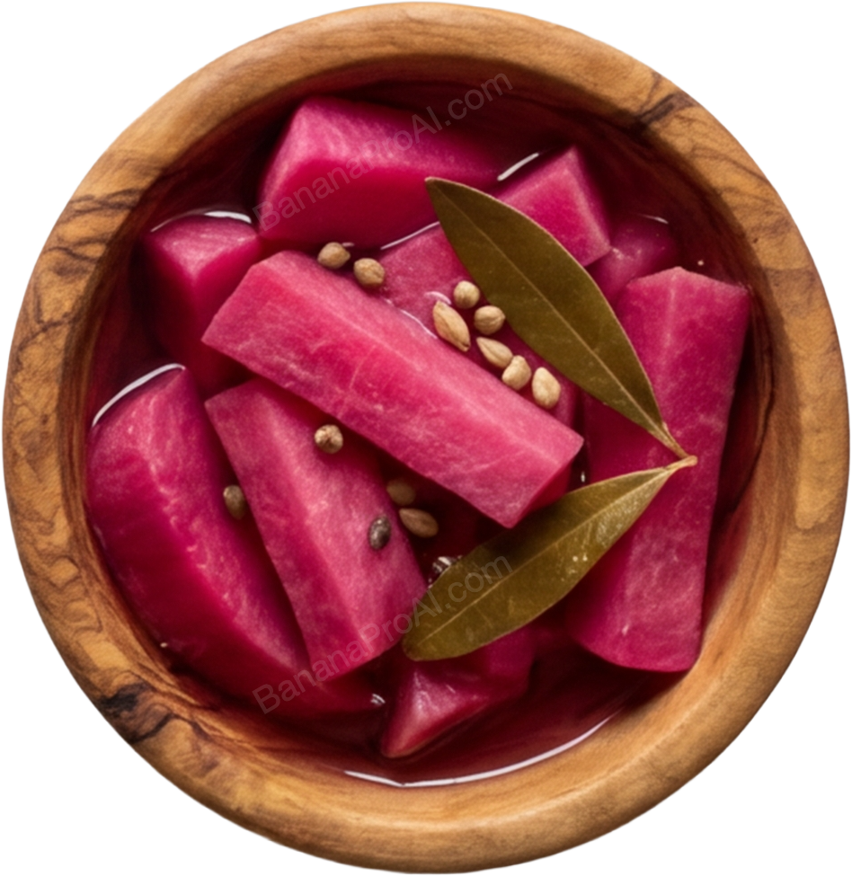 Pink pickled radish slices in a wooden bowl with bay leaves and mustard seeds.