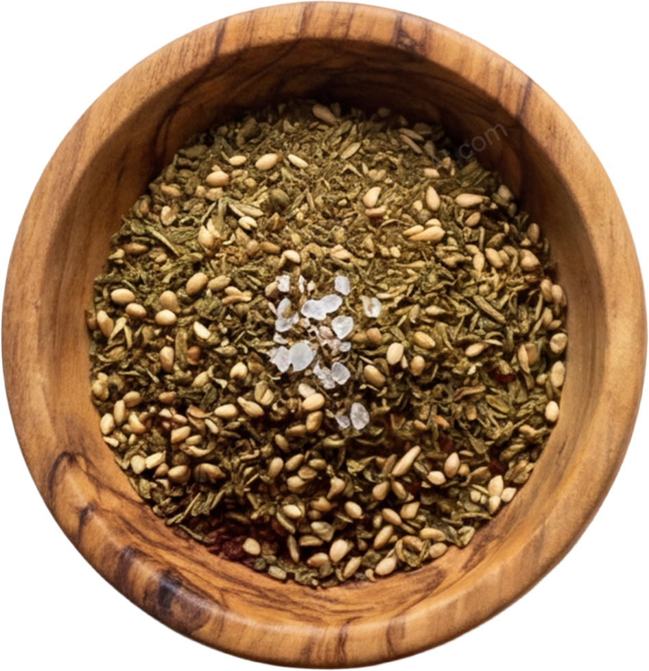 A round wooden bowl containing a mixture of dried herbs and seeds, with a few coarse salt crystals on top.