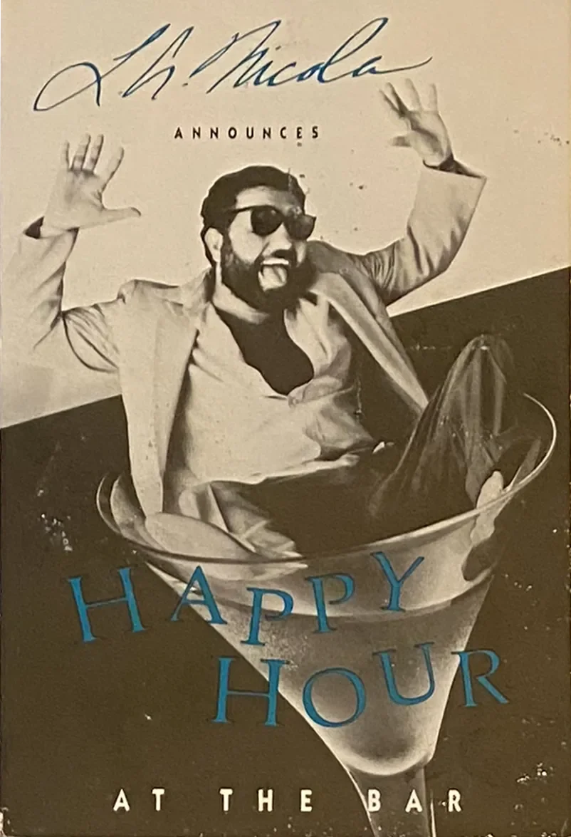 Vintage L.A. Nicola restaurant Happy Hour poster — Larry Nicola's legendary Silver Lake dining destination, opened 1980