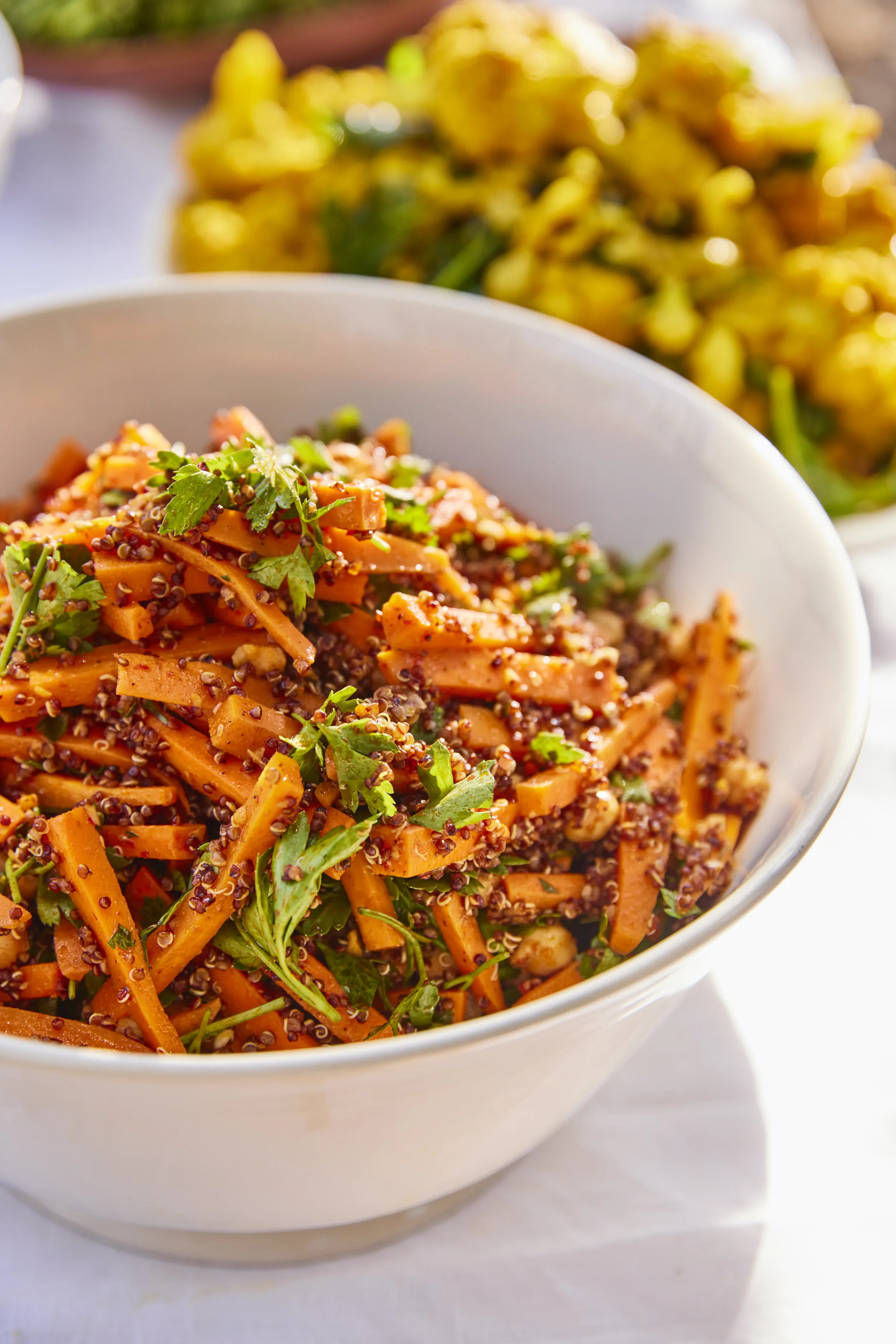 Cardamom carrots at Ojai Rôtie — red quinoa, harissa, garbanzo beans, sumac, and parsley