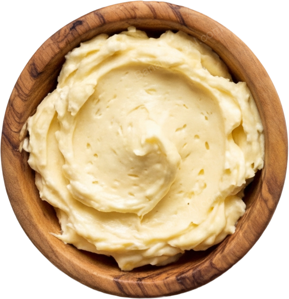 Creamy mashed potatoes in a wooden bowl.