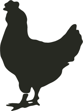 Silhouette of a chicken facing left.