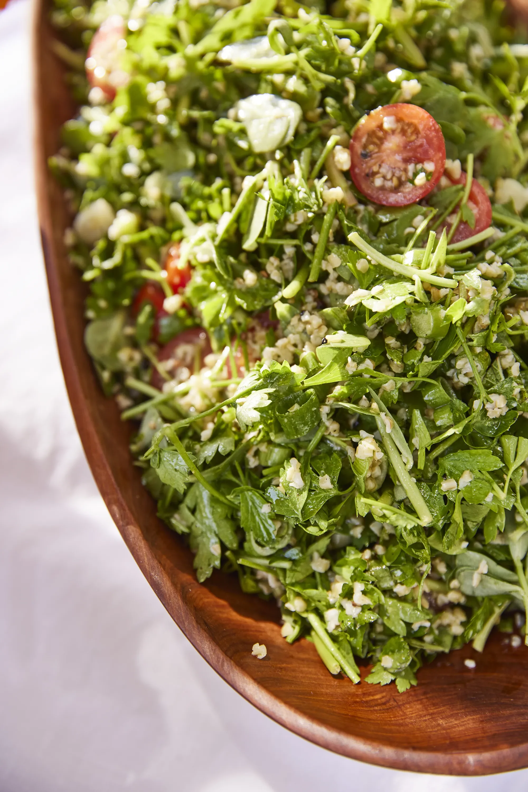 Purslane tabouli at Ojai Rôtie — organic bulgur, tomato, green onions, lemon, mint, and parsley