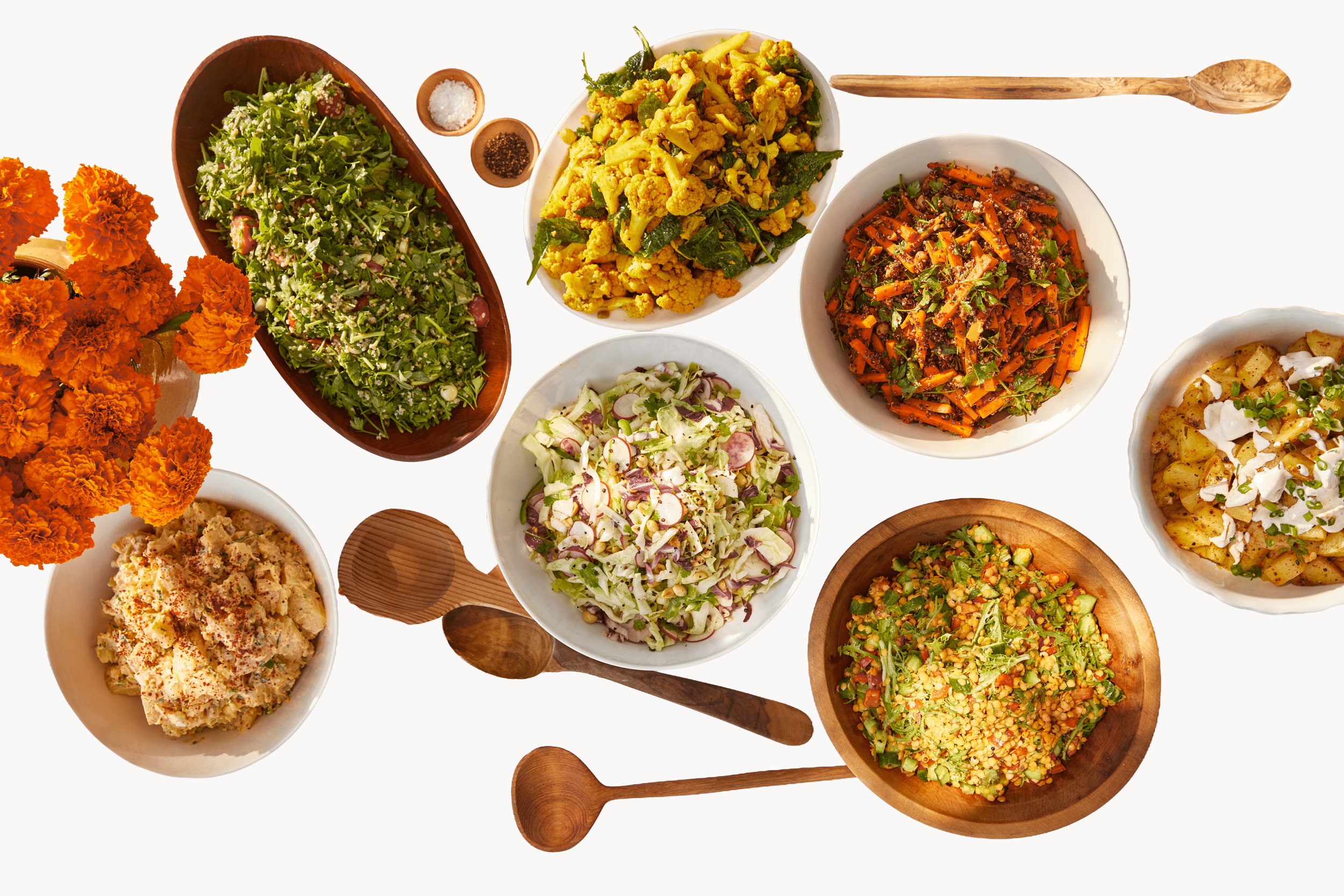 Lebanese-French picnic spread at Ojai Rôtie — caramelized cauliflower, cardamom carrots, slaw, tabouli, and hummus, Ojai California