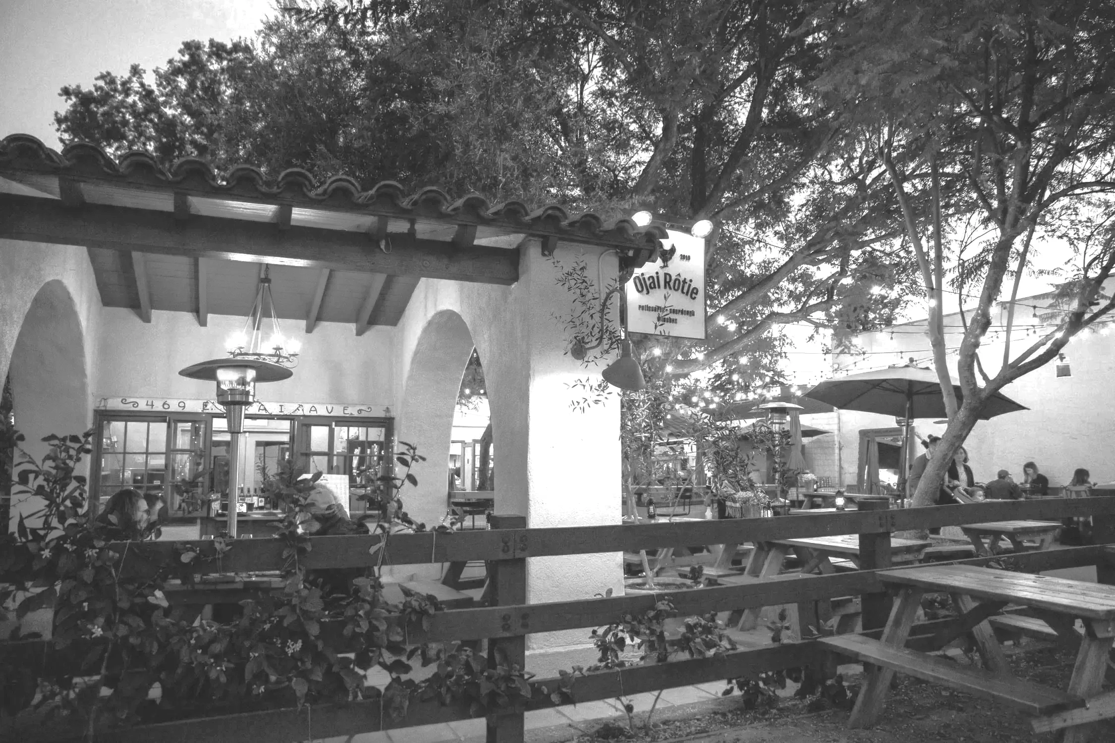 Ojai Rôtie original location at 469 East Ojai Avenue, Ojai California — patio dining under the landmark tipuana tree at dusk