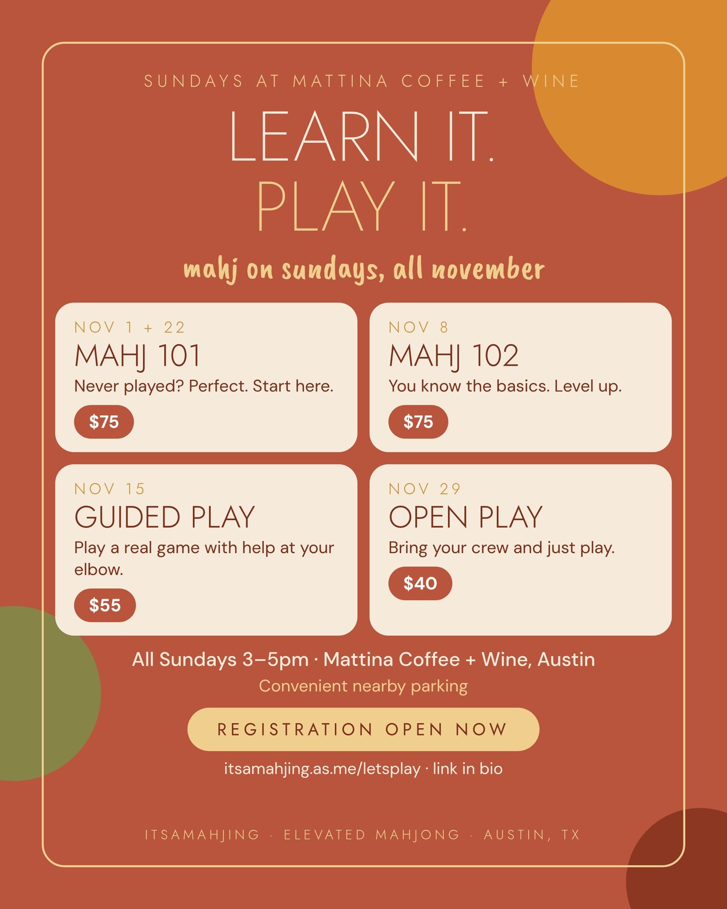 Mahj 101 - Sunday Beginner Lessons at Mattina Coffee + Wine