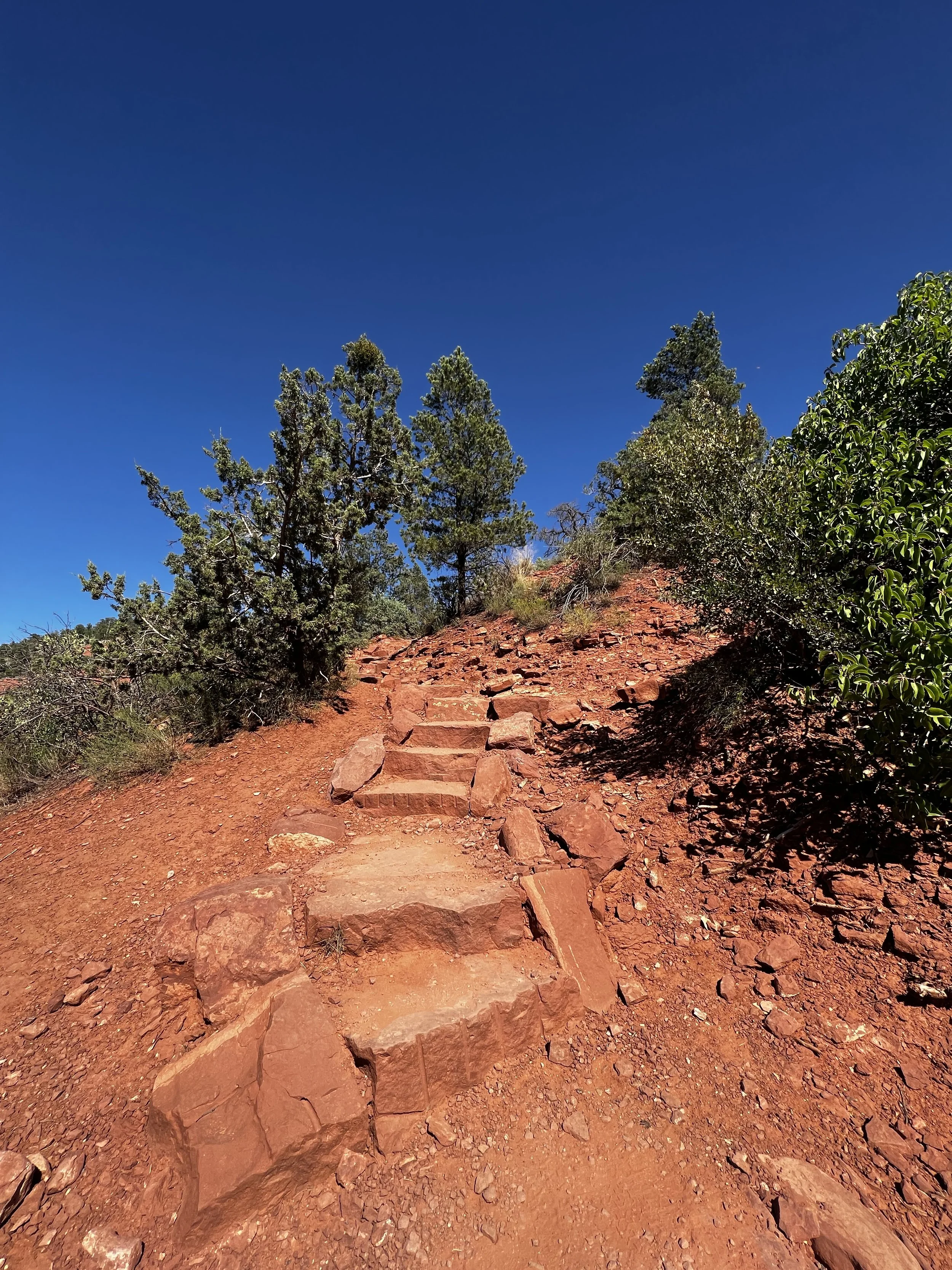 A dirt trail on a red rocky hillside with stone steps, surrounded by green trees and bushes, under a clear blue sky.