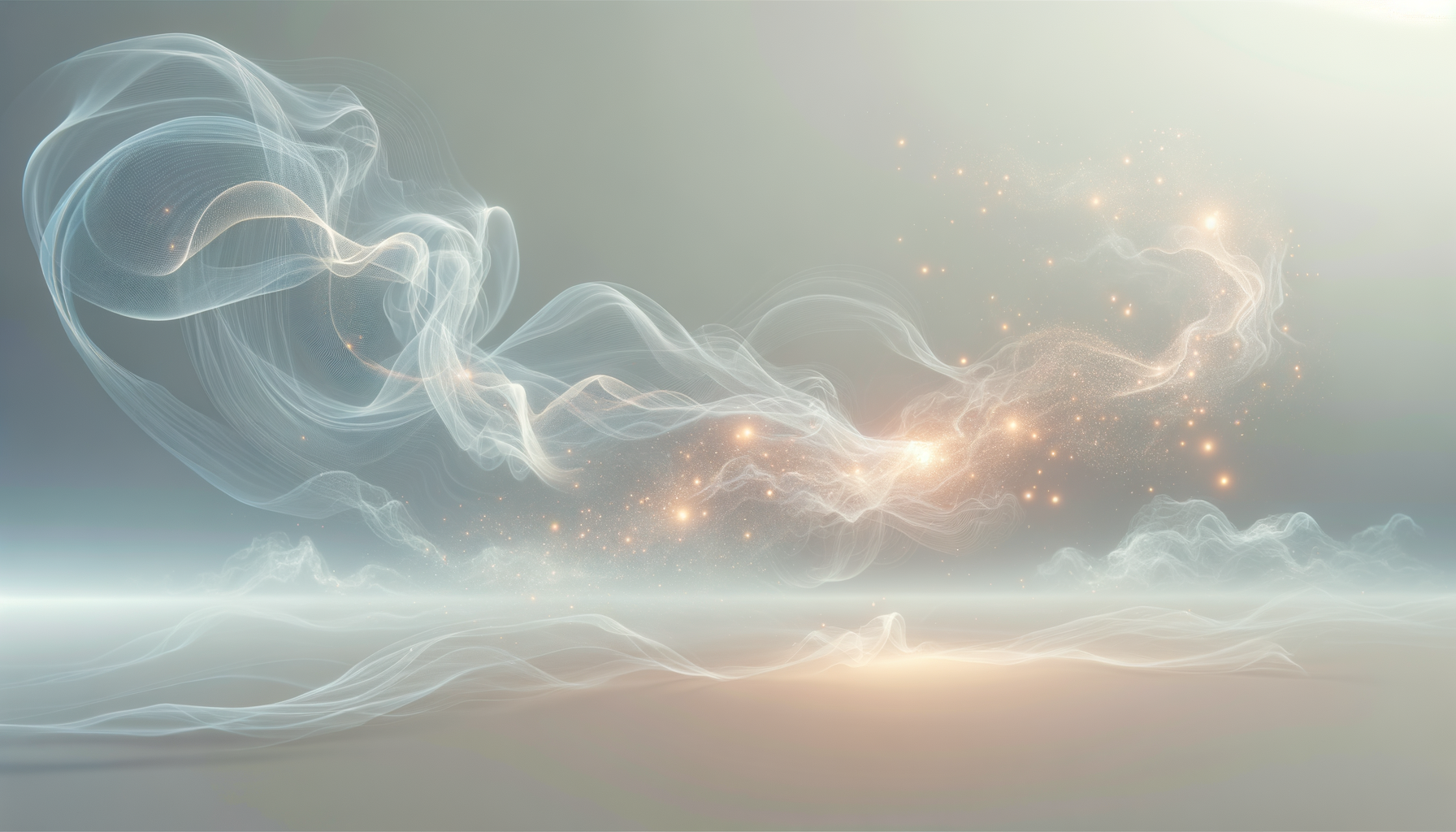 Abstract digital image of swirling, glowing white and gold wisps and sparks against a light background.