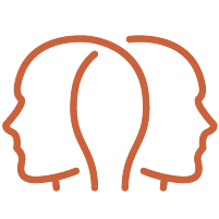 Outline of three human faces in profile, facing different directions, interconnected with a brain shape in the center.