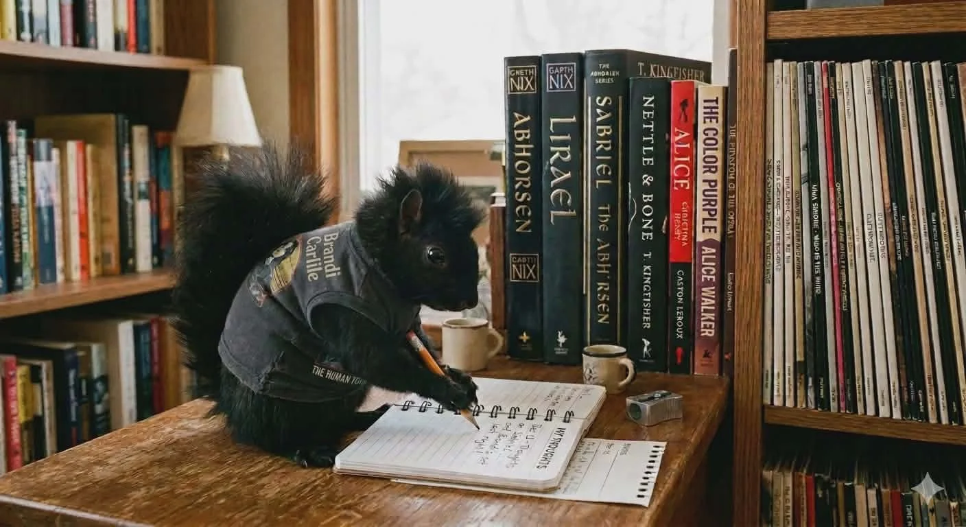 A black squirrel writing her thoughts about upcoming stories in a notebook. She's wearing a Brandi Carlile Concert tee. The background is full of books from her favorite authors and vinyl from her favorite bands. 