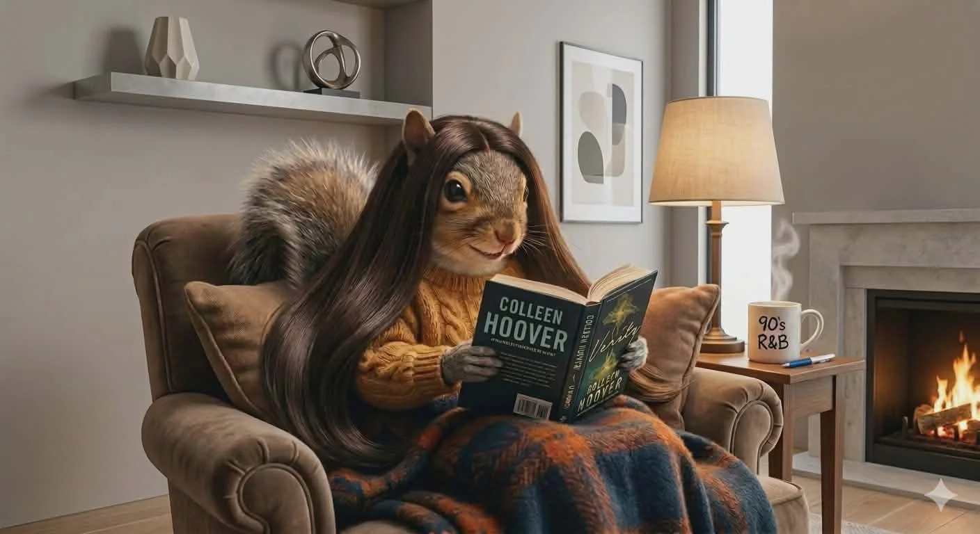 A grey squirrel sits reading a thriller. She's wearing a cozy orange sweater and she's covered in a warm blanket. The background is modist minimal modern decor. 