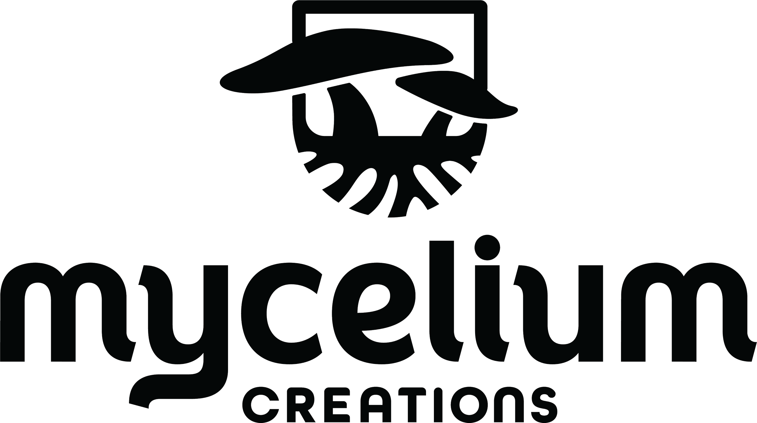 Mycelium Creations is a local digital marketing company. The Logo is black. The Image is a box that encapsulates the fruiting body of a mushroom. The bottom represents the mycelium network.
