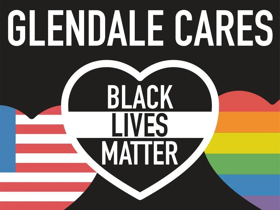 Logo for Glendale Cares featuring community symbols: American flag, BLM, and Pride hearts.